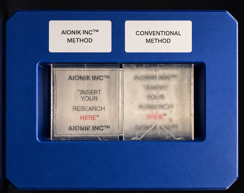 Side-by-side comparison of two microfluidic chips: the Aionik Inc. method produces an optically clear chip, while the conventional method result is hazy and distorted.